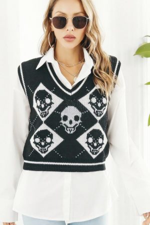 Women Halloween Sleeveless Streetwear Skulls V-Nec