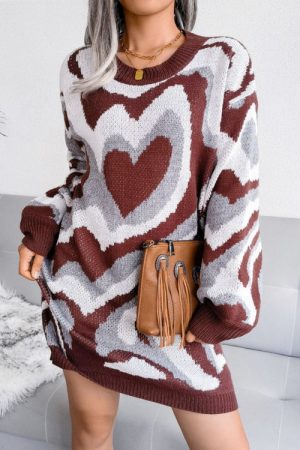 Women Heart Print Knit Dress O Neck Fall Winter Lo