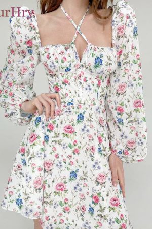 Women Long Puff Sleeve Summer Dress Halter Floral