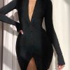 Women Long Sleeve Mini Bodycon Dress Ruched Button