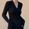 Women Long Sleeve T Shirt V Neck Slim Fitted Crop