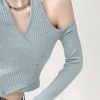 Women Off Shoulder Halter Shirt Long Sleeve Knit V