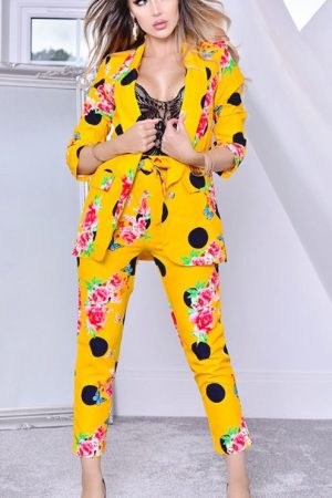 Women Polka Dot Floral Print Shawl Collar Blazer &