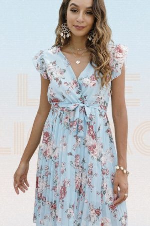 Women Printed Chiffon Dress Summer Butterfly Sleev