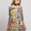 Women Sweater Abstract Print Long Batwing Sleeve P