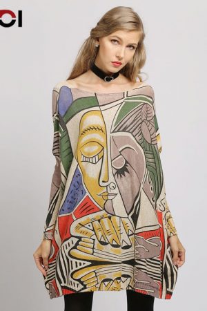 Women Sweater Abstract Print Long Batwing Sleeve P