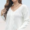 Women Sweater Plain V-Neck Cable Knit Drop Shoulde