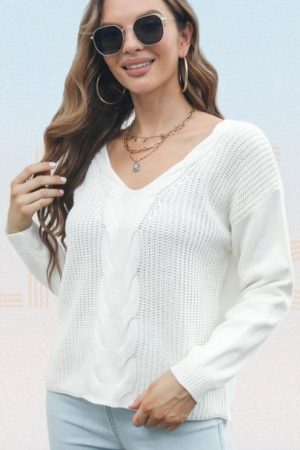 Women Sweater Plain V-Neck Cable Knit Drop Shoulde