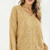 Women Sweater Solid Hollow Out V-Neck Love Plaid K