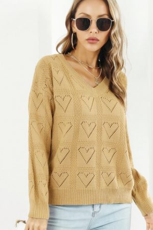 Women Sweater Solid Hollow Out V-Neck Love Plaid K
