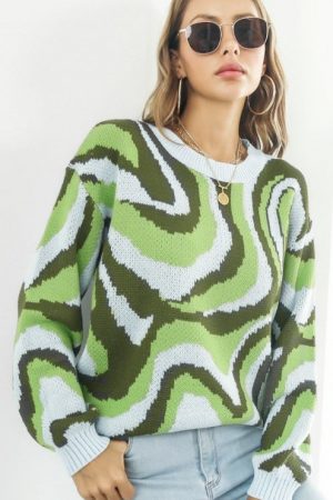 Women Sweaters Tie Dye Jacquard Drop-Shoulder Slee