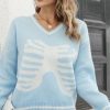Women Sweaters Y2k 3d Skull Jacquard V-Neck Long S
