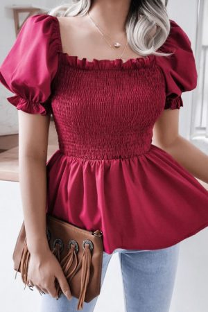 Women Top Blouse Top Short Sleeve Solid Color Whit
