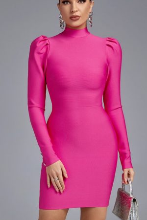 Women's Pink Bodycon Dress Elegant Long Sleeve Eve
