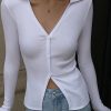 Women's Polo V Neck Button Design Crop Top Long Sl