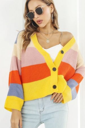 Y2k Contrasting Rainbow Striped Cardigan Women V-N