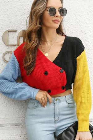 Y2k Double Breasted Contrast Knitted Cropped Cardi