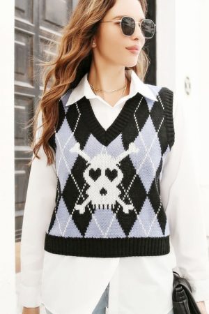 Y2k Halloween Skull Jacquard Sleeveless Knit Vest