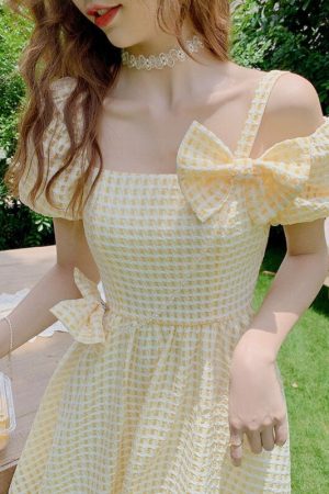 Yellow Puff Sleeve Dress Women's Summer Small Firs