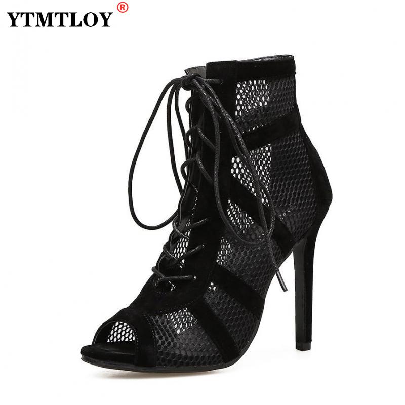 New Fashion show Black Net Fabric Cross strap Sexy high heel Sandals Woman shoes Pumps Lace-up Peep Toe Sandals Casual Mesh